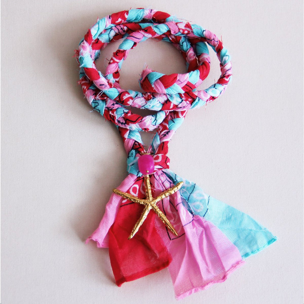 Gevlochten bandana ketting met zeester - roze/mint